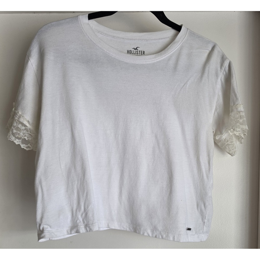 Hollister T-Shirt Women M White Solid Round Neck Cotton Casual Tee Top Crop Lace